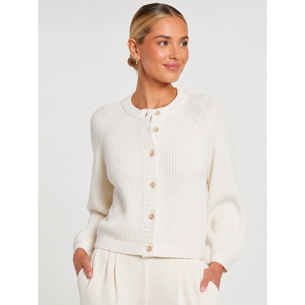 Piazza Sempione White Ribbed 100% Cotton Blouson Sleeve Cardigan IT 46 US 10 New